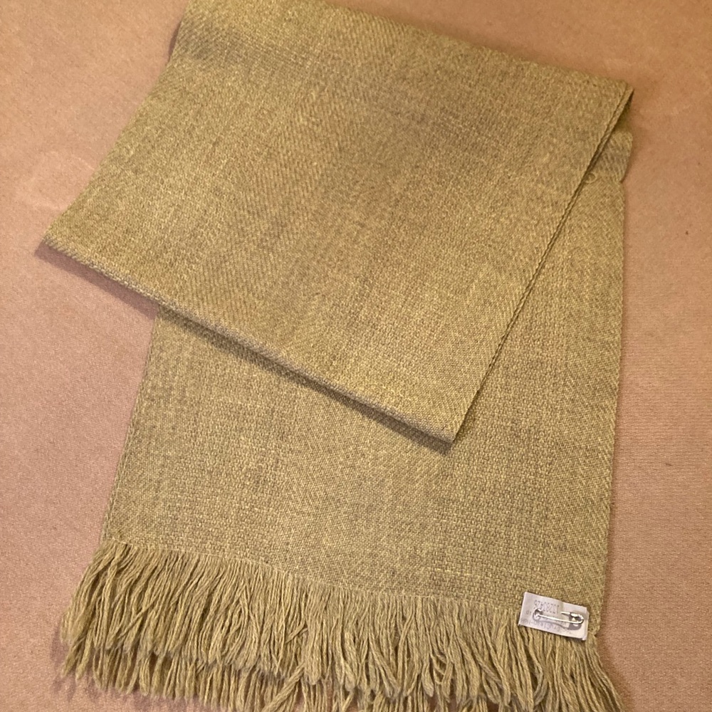 Unisex scarf, pale lime green, very soft, no label, probably acrylic.